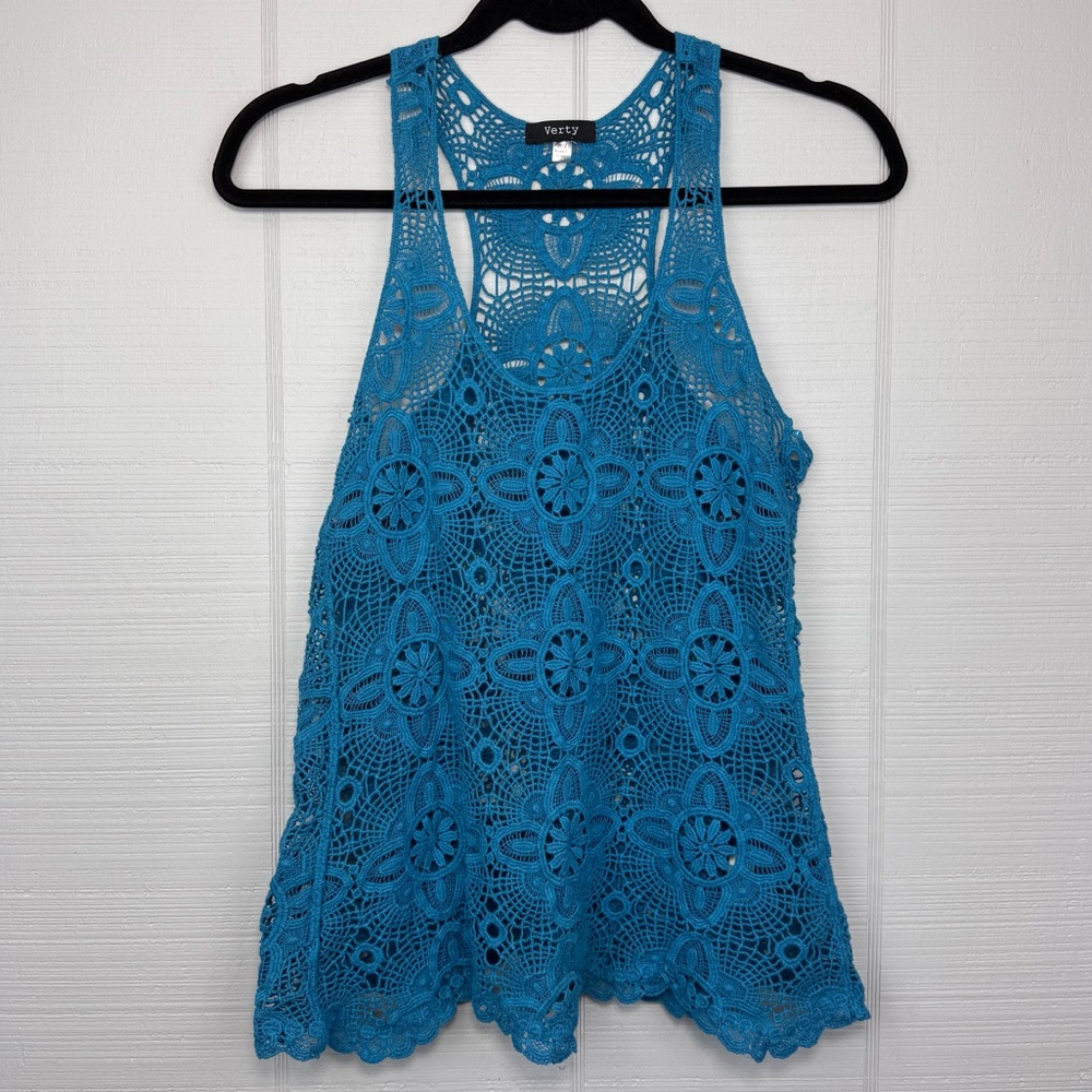 Verty Blue Floral Crochet Knit Sleeveless Tank Top Layering See Through M/L